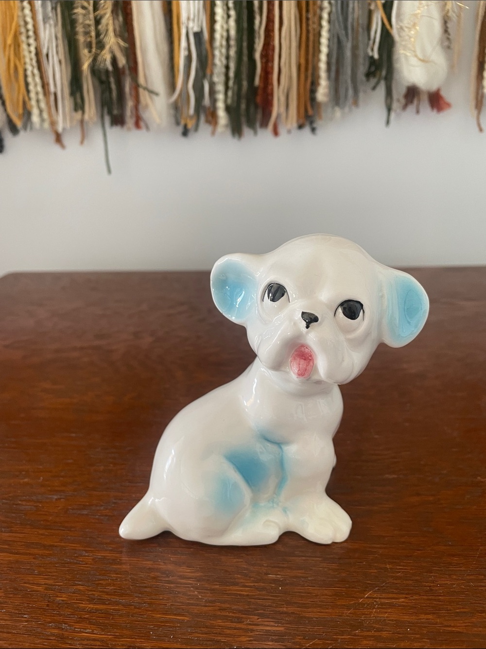 White Ceramic Puppy Figurine with Blue Accents